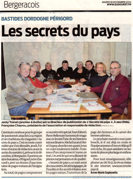 Journal Sud-Ouest du 18 novembre 2014. Réunion de travail à Secrets de Pays…